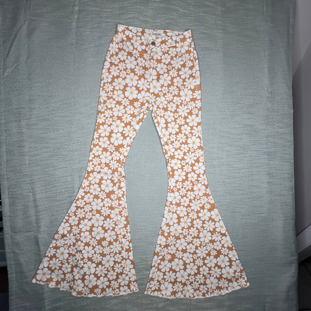 70’s Inspired Hippie Festival Orange White Daisy Floral Bell Bottom Flare Pants